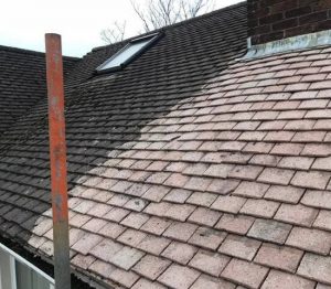Half-cleaned pitched roof: lower right tiles turned bright after washing, while the upper left remains dark and dirt-laden, showcasing roof-cleaning progress.